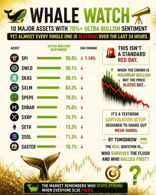 The graphic in the image shows an infographic representing a cryptocurrency, whalewatch.com. It features a number of elements including charts, graphs, and icons that represent different aspects related to wallets or trading in the world of cryptocurrency. One particular chart displays the sentiment towards Bitcoin with an upswing of almost 90% yet many more Bitcoins still remaining on the market. The infographic also includes text that provides information about the top 10 major assets with 70%+ ultra bull sentiment, which is a significant point to note for those interested in investing or trading in cryptocurrency.