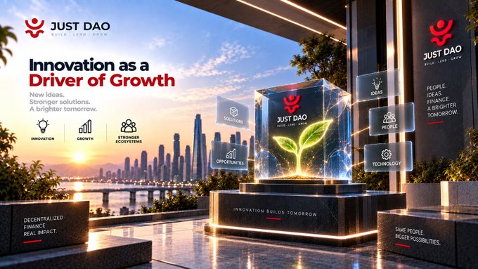 JUST DAO promotional banner with tagline 'Innovation as a Driver of Growth - New ideas. Stronger solutions. A brighter tomorrow' featuring categories like Innovation, Growth, Solutions, People, Technology, and Opportunities against a cityscape background.