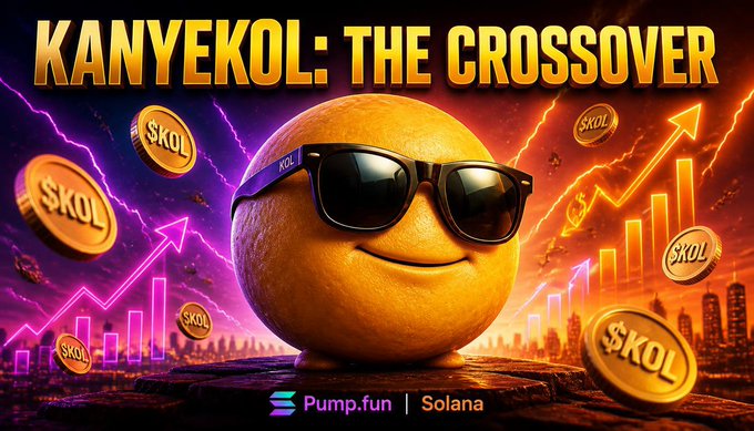 A promotional graphic titled "KANYEKOL: THE CROSSOVER" features an anthropomorphic orange wearing sunglasses surrounded by gold coins labeled "$KOL," with "Pump.fun | Solana" branding at the bottom.