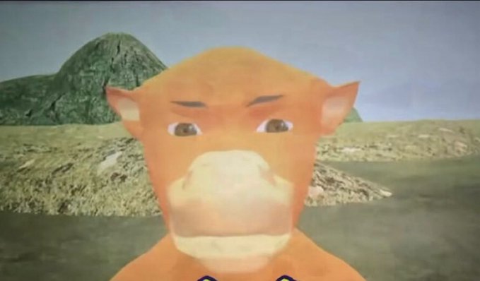 A low-quality 3D-rendered character resembling an orange-furred monkey or ape-like creature with prominent ears and a stern expression, standing in a barren landscape with a green mountain in the background.