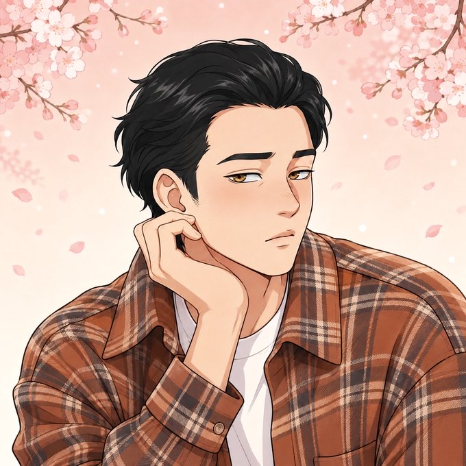 An anime-style illustration of a young man with black hair wearing a brown plaid flannel shirt over a white t-shirt, posed thoughtfully against a background of pink cherry blossoms.