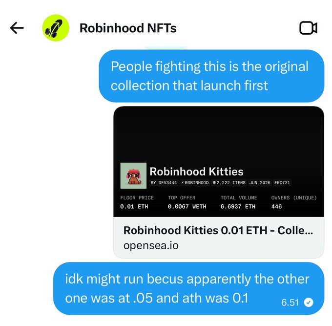 Text message conversation with "Robinhood NFTs" showing a link to a "Robinhood Kitties" NFT collection on OpenSea (2,222 items, floor price 0.01 ETH), discussing pricing differences between collections.