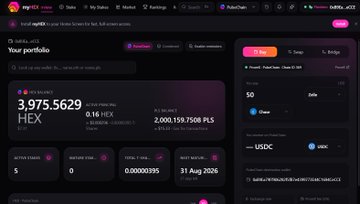 A dark-themed dashboard for the "myHEX" portfolio platform displays a HEX token balance of 3,975.5629 (0.16% of supply), valued at $0 and 2,000,159.7508 PLS, alongside an integrated "Buy, Swap & Bridge" module featuring ProveX, Swap, and Bridge tabs that enables users to discover fiat-to-USDC offers, purchase crypto, and swap tokens directly within the interface.