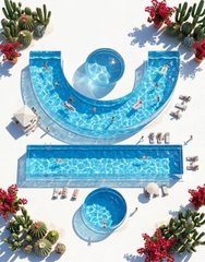 Aerial view of a uniquely shaped blue swimming pool surrounded by lounge chairs, people, and red flowering plants.