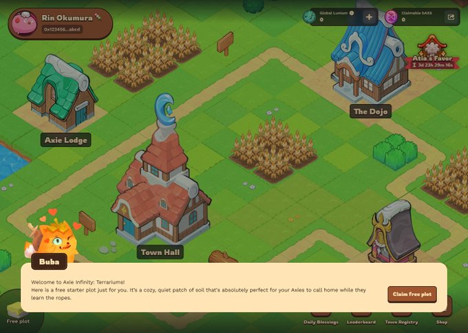 The image shows an animated video game screen with a cartoon character named Bada, who appears to be confused about how to get started. The game is set in a village where there are several buildings, including a castle-like structure that has a sign reading "Atia's Shrine". Bada needs to connect her wallet and activate her land before she can proceed further into the game. Additionally, she must assign axies to Atia's Shrine to provide Atia's Flame as part of the game's rules. The post suggests that players should spend Lunium each Tick to earn bAXS Don't have a plot? Grab a plot on app.axie to continue their adventure in the game.