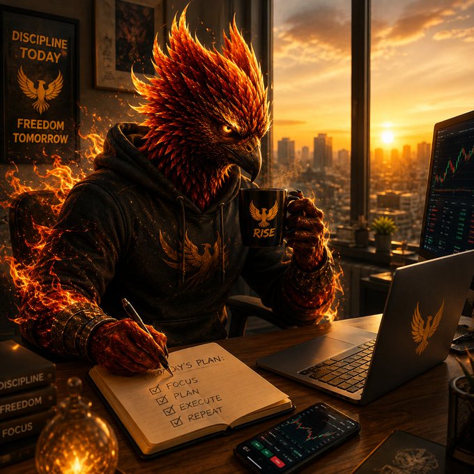 A digital artwork of a fiery phoenix-headed figure in a hoodie writing in a notebook labeled "TODAY'S PLAN: FOCUS, PLAN, EXECUTE, REPEAT," holding a mug reading "RISE," with motivational posters saying "DISCIPLINE TODAY FREEDOM TOMORROW."