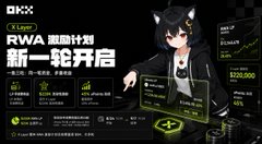 An OKX promotional banner for an 'RWA Launch' event featuring an anime-style cat mascot, with a countdown timer at 22:07:18 and reward tiers up to $200,000.