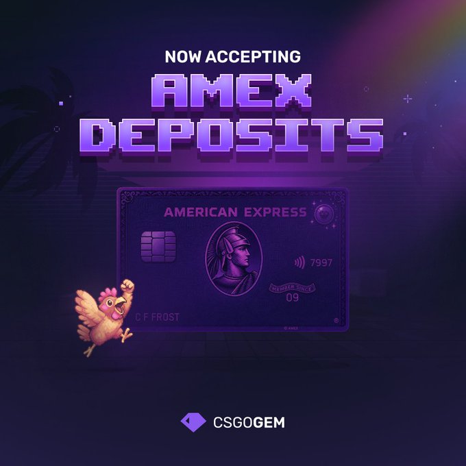 This image advertises that CSGOGEM is now accepting American Express (AMEX) deposits, highlighting the new payment method visually. It features a stylized American Express card and the CSGOGEM logo, relating to the post about new payment methods.