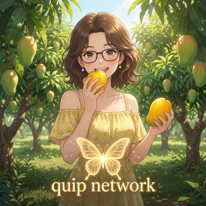 The image features an illustration of a woman wearing glasses and a yellow dress holding two mangoes while standing under trees with green leaves. The background includes more trees and a butterfly flying nearby, adding to the overall atmosphere of the scene. The image also contains text that reads "quip network" and "Good afternoon The future belongs to builders, not just watchers." This suggests that the woman in the illustration is promoting or representing Quip Network, an organization focused on building and developing Web3 infrastructure for the future.