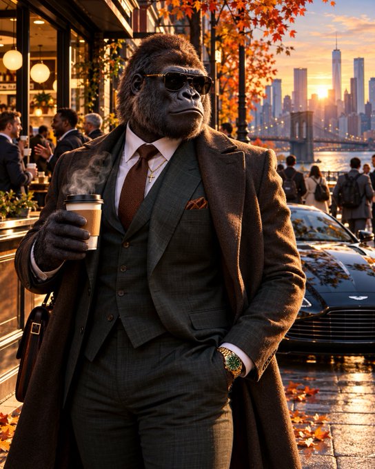 A digitally created image of a stylish gorilla wearing sunglasses, a brown suit, and tie, holding a coffee cup on a city street at sunset with autumn leaves and a luxury car in the background.