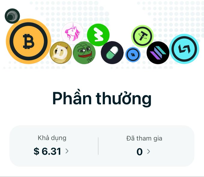 A digital rewards interface displaying various cryptocurrency logos including Bitcoin, Dogecoin, and others, with Vietnamese text 'Phần thưởng' (Reward), 'Khả dụng' (Available) showing '$ 6.31', and 'Đã tham gia' (Joined) showing '0'.