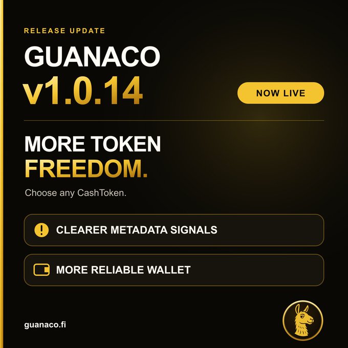 A release update announcement for 'GUANACO v1.0.14' features the tagline 'MORE TOKEN FREEDOM' and highlights 'CLEARER METADATA SIGNALS' and 'MORE RELIABLE WALLET' at guanaco.fi.