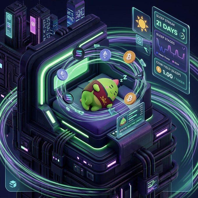 A digital artwork displays a green character sleeping in a futuristic pod surrounded by floating cryptocurrency coins (Ethereum and Bitcoin), with a sleep-tracking interface showing 'SLEEP STREAK 21 DAYS' and a 'COIN YIELD' metric.