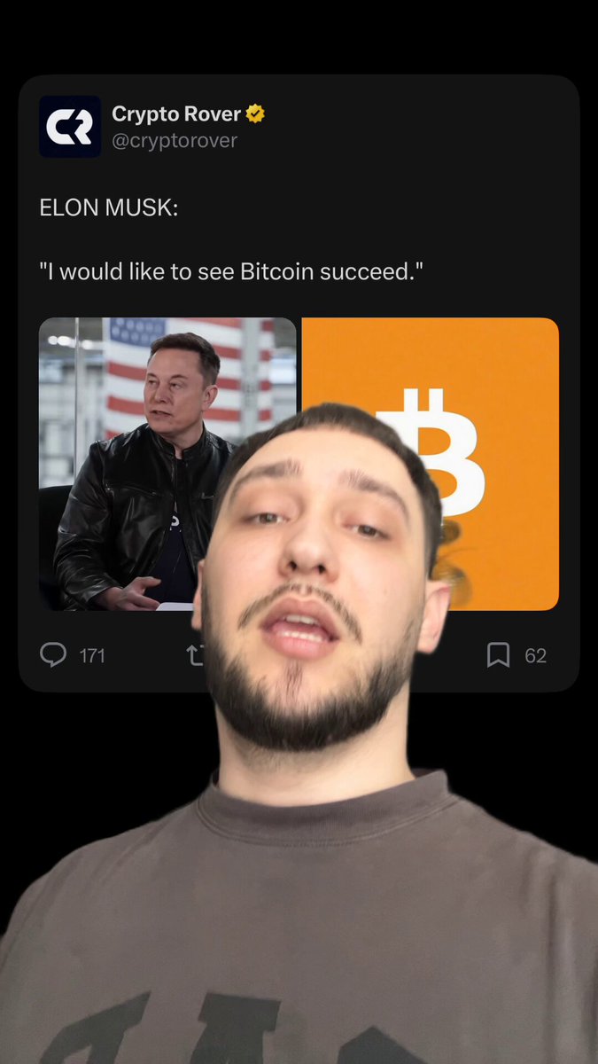 The image features a man with a beard wearing a gray shirt, who appears to be a Twitter user. He has posted a photo of himself along with a caption that reads "Elon Musk wants to see Bitcoin succeed The next ATH is 200k?". This caption is related to the post about Bitcoin and Tesla Motors, as both topics are discussed on this particular post.