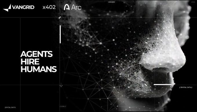 A monochromatic promotional graphic featuring a wireframe-style profile of a human face overlaid with network nodes, branded with "VANGRID x402" and "Arc" logos. Bold typography states "AGENTS HIRE HUMANS," visually representing the concept of AI agents recruiting humans for physical-world tasks like 3D spatial data capture.