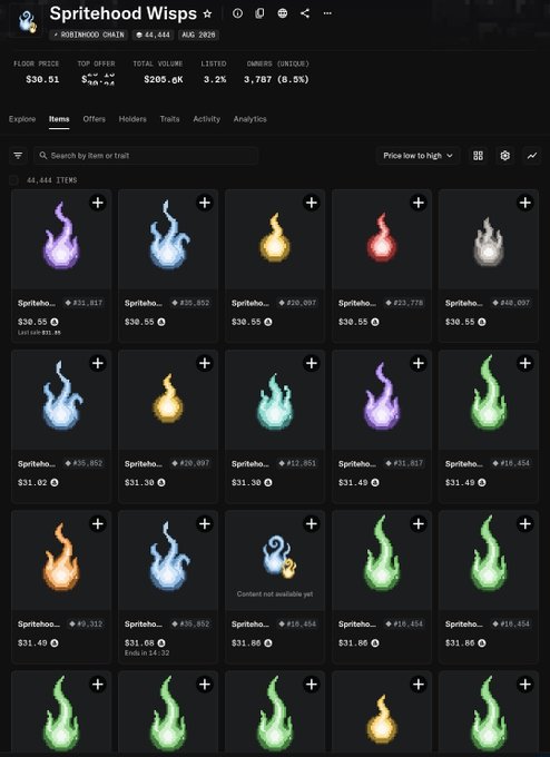 A webpage showing the OpenSea NFT marketplace for the 'Spritehood Wisps' collection with 44,444 items, displaying various colorful flame-shaped wisps with floor prices around $30-31.