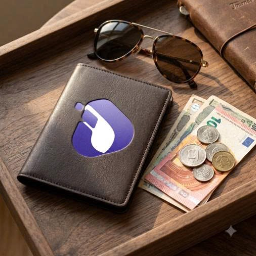 A still life photograph showing a brown leather bifold wallet with a purple and white logo, sunglasses, and Euro banknotes with coins arranged on a wooden tray.