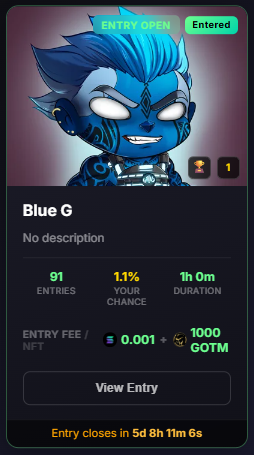 A mobile screenshot of an NFT raffle page titled 'Blue G' shows a blue-skinned cartoon avatar, with details including '91 ENTRIES', a '1.1% YOUR CHANCE' probability, and a countdown timer.