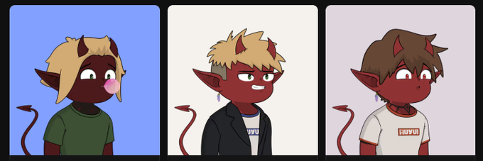 A digital illustration showing three versions of a red-skinned demon character with horns and a tail, each wearing different clothing (green shirt, black jacket, white GUYU shirt) across three panels.