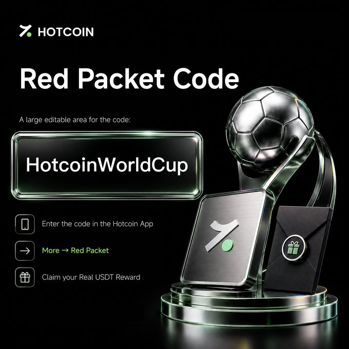 A Hotcoin promotional graphic featuring a soccer ball trophy and red envelope displays a "Red Packet Code" with the code "HotcoinWorldCup," instructing users to enter it in the Hotcoin App to claim a real USDT reward, aligning with the post's announcement about a limited-time World Cup-themed red packet giveaway.