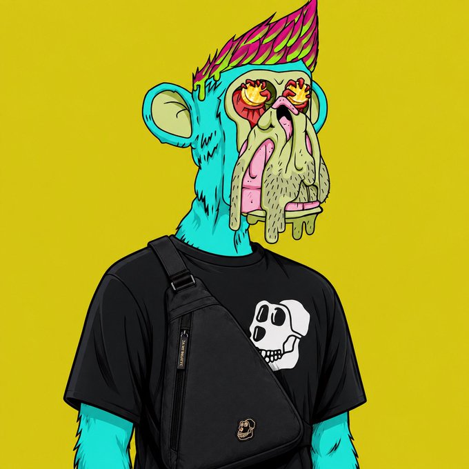 An illustration against a yellow background shows a cyan, furry creature with a melted, dripping face revealing red and yellow eyes, wearing a black t-shirt with a white skull and a crossbody bag.