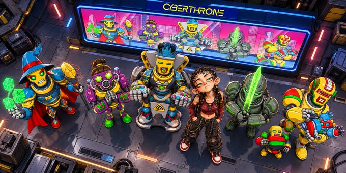 A vibrant cyberpunk illustration showing several robot characters and a human girl standing in front of a 'CYBERTHRONE' billboard.