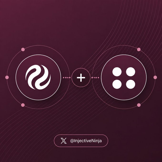 A graphic with a maroon background features two circular icons separated by a plus sign, with the text '@InjectiveNinja' displayed at the bottom.