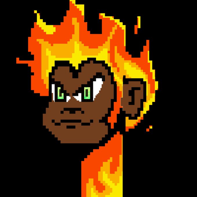 A pixel art illustration of a dark-skinned ape-like character with bright orange and yellow flame-like hair, glowing green eyes, and a fiery shoulder, fitting the "Monke" theme of the upcoming NFT mint promotion. The fiery aesthetic symbolizes the "king in the wild" energy referenced in the post about the OpenSea collection.