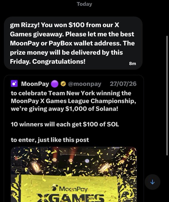 A Twitter/X DM screenshot showing a message claiming the recipient "Rizzy" won $100 from a MoonPay X Games giveaway, alongside the official @moonpay post announcing 10 winners of $100 SOL each for Team New York's MoonPay X Games League Championship victory.