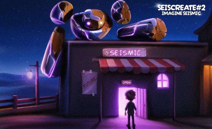 An animated illustration titled 'SEISCREATE#2 IMAGINE SEISMIC' depicts a young figure standing at the open door of a building labeled 'SEISMIC' with a large mechanical structure looming above against a starry night sky.