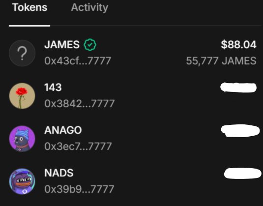 A dark-themed Tokens portfolio screen showing JAMES ($88.04, 55,777 JAMES), 143, ANAGO, and NADS, all with wallet addresses ending in 7777.