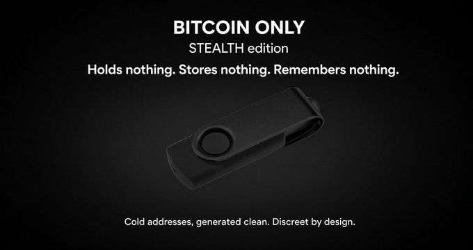 A promotional image for a 'BITCOIN ONLY STEALTH edition' hardware wallet, described as holding nothing, storing nothing, and remembering nothing, with text noting 'Cold addresses, generated clean. Discreet by design.'