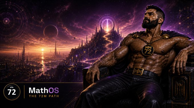 A fantasy digital artwork of a muscular bearded man seated on a throne with 'MathOS - The 72M Path' branding, featuring 'MM 72' medallion and '72' logo, set against a cosmic cityscape with a glowing portal.
