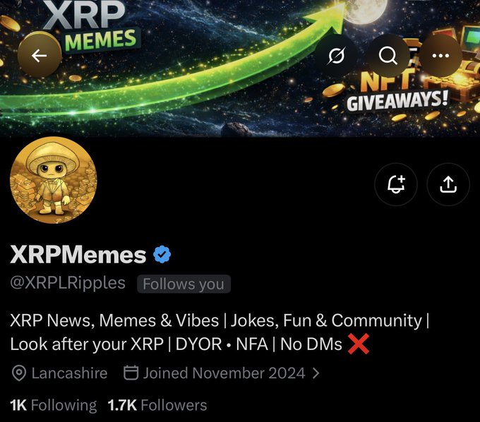 A Twitter/X profile page for "XRPMemes" (@XRPLRipples), showing a verified account with 1.7K followers, featuring an XRP-themed space banner with "NFT GIVEAWAYS!" text and a cartoon meme character as the profile picture. The bio reads "XRP News, Memes & Vibes | Jokes, Fun & Community | Look after your XRP | DYOR • NFA | No DMs" based in Lancashire, which directly aligns with the post highlighting the account as today's XRP community boost for its news, memes, giveaways, and great vibes.