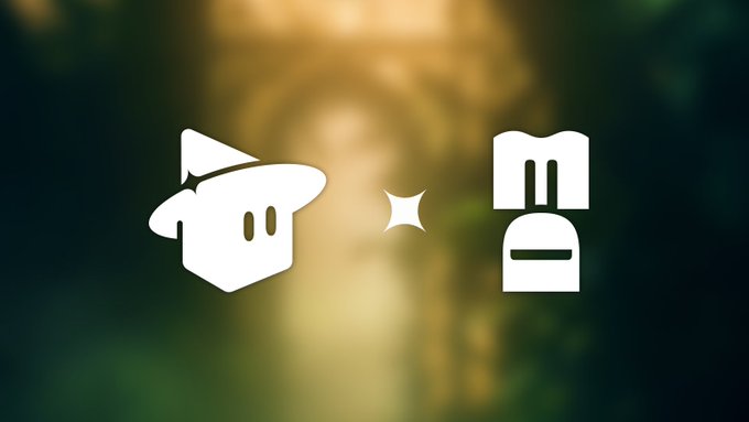 Two white icons on a blurred forest background: a stylized fox/cat character with a wizard hat on the left and an 'm' logo on the right, separated by a sparkle.