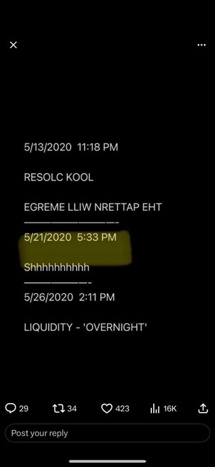 The image shows a screenshot of a social media post with a caption that reads "5/13 → 9 flipped = 6 5/21 5:33 → master mirror sequence 5/26 → liquidity 5:33 → overnight". The post was posted at 5:33 PM on May 13, 2020. The caption is in yellow and the image has a black background.