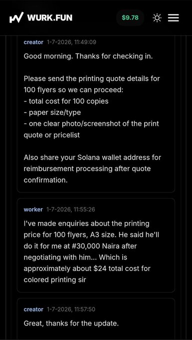 A screenshot from WURK.FUN showing a chat between a creator and worker dated 1-7-2026, discussing printing quote details for 100 flyers (approximately $24 total for colored printing) and a Solana wallet address for reimbursement.