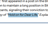 The image displays a headline about Bitcoin, mentioning "Bitcoin," "Binance," and the phrase "Hold on for Dear Life" alongside a purple "HOLD" button. The "HOLD on for Dear Life" phrase is a play on the popular crypto slang "HODL," reinforcing the post's message to hold onto Bitcoin investments.
