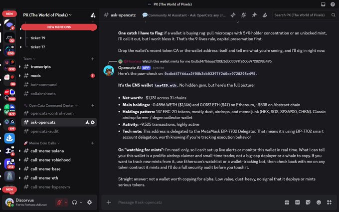 A Discord server for "PX (The World of Pixels)" is shown, with the #ask-opencatz channel active where a user asks about a flagged wallet address (0x0bd47166aa2f00b3ab633971d6cc972829bc495) buying microcaps with high holder concentration, and the OpenCatz AI bot responds with a detailed wallet analysis including $1,781 across 31 chains, 0.45% WETH, 0.0187 ETH, and ~$538 in Abstract holdings, while the left sidebar displays channels like #transcripts, #mods, and #bot-command—though this screenshot focuses on the wallet verification feature rather than the 404 Incinerator role mentioned in the accompanying post.