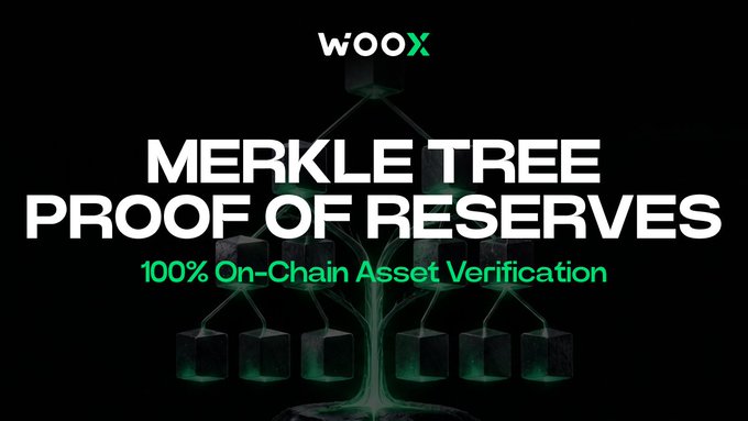 A w00x cryptocurrency exchange advertisement promoting "MERKLE TREE PROOF OF RESERVES" with "100% On-Chain Asset Verification" over a green tree graphic.