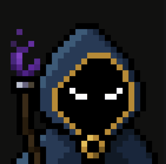 Pixel art character depicting a hooded figure in blue robes with a glowing yellow face and white eyes, holding a staff topped with purple crystals.