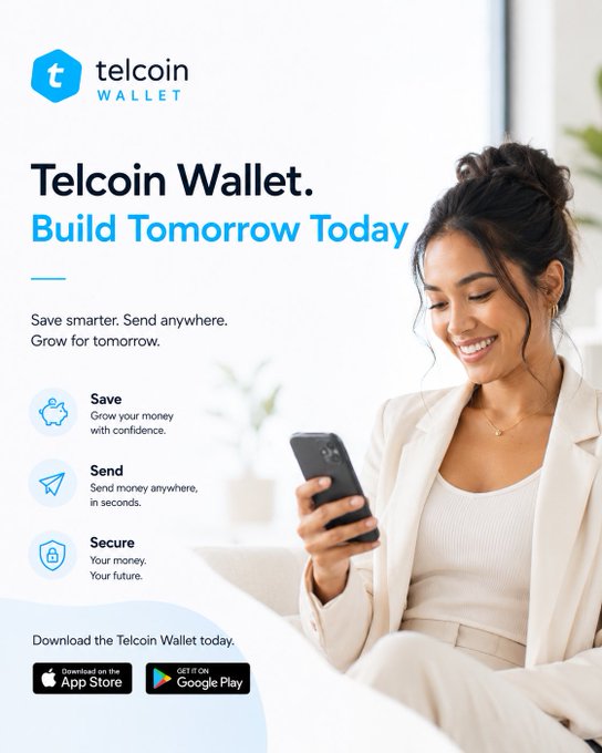 The image features a woman sitting down with her phone while reading an email or text message, possibly from Telcoin Wallet. The main focus of the image is the woman's cell phone, which she holds up for the viewer to see its screen. There are also several other elements in the background that contribute to the overall composition and context of the image.