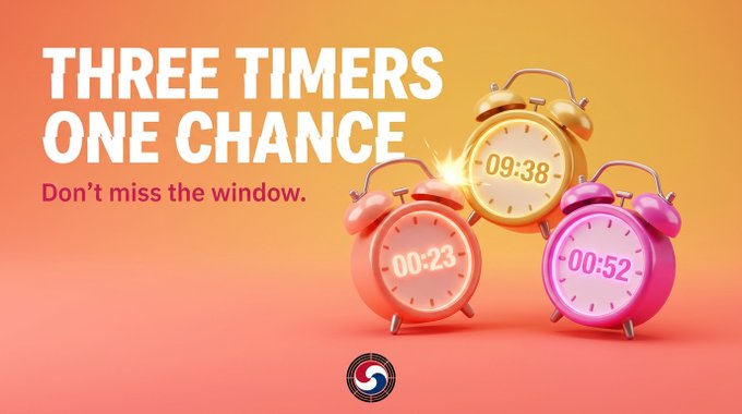 Three colorful 3D alarm clocks (orange, pink, and magenta) display countdown timers reading "09:38," "00:23," and "00:52" against a warm orange background, with bold text declaring "THREE TIMERS ONE CHANCE - Don't miss the window." The image visually reinforces the post's message about managing three simultaneous in-game reward cycles—daily check-ins, 2-hour KCG taps, and 3-hour TON soldier hunts—with each clock representing one of the time-sensitive opportunities players must track.