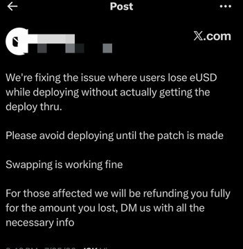 This screenshot shows a post from X.com explaining a bug where users lose "eUSD" during deployment. It directly relates to the accompanying post warning users about losing money before "@arc" even launches.