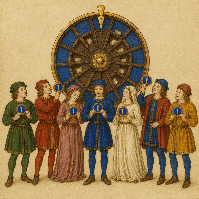 A medieval-style illustration shows seven figures in colorful period attire standing before a large blue and gold wheel of fortune, with each person holding up a small blue circle displaying the number "1," symbolizing the $1 entry price for the 10K NFT drop where 7 winners will each receive $1,000.