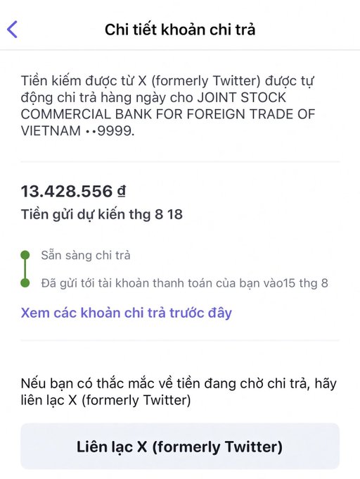 A Vietnamese screenshot shows a payment detail page titled "Chi tiết khoản chi trả" indicating a refund of 13,428,556 đ from X (formerly Twitter) for JOINT STOCK COMMERCIAL BANK FOR FOREIGN TRADE OF VIETNAM.