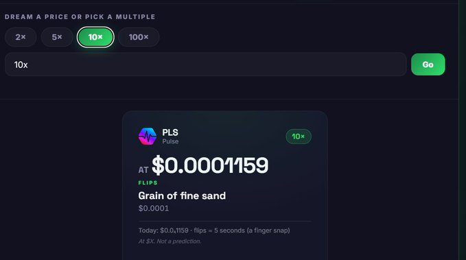 A cryptocurrency price calculator interface shows the Pulse (PLS) token priced at $0.0001159, with the "10x" multiplier selected to display that a 10x increase would result in $0.0001, humorously labeled as "flips" to "Grain of fine sand" — illustrating the post's point about PulseChain's extremely low price point.