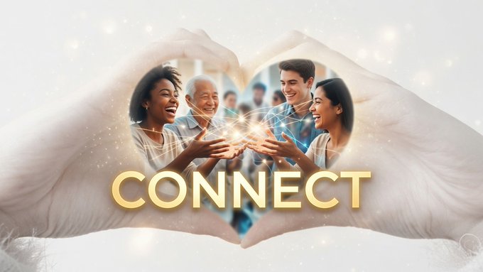 Two hands form a heart shape around a group of smiling diverse people, with the word "CONNECT" in gold text below.
