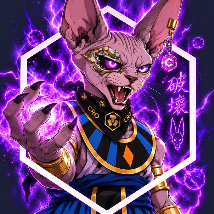 Anime-style artwork of a fierce, muscular hairless cat-like creature with glowing purple eyes, wearing gold and black CRO-branded battle attire, set against a purple lightning background with '破壊' written vertically.