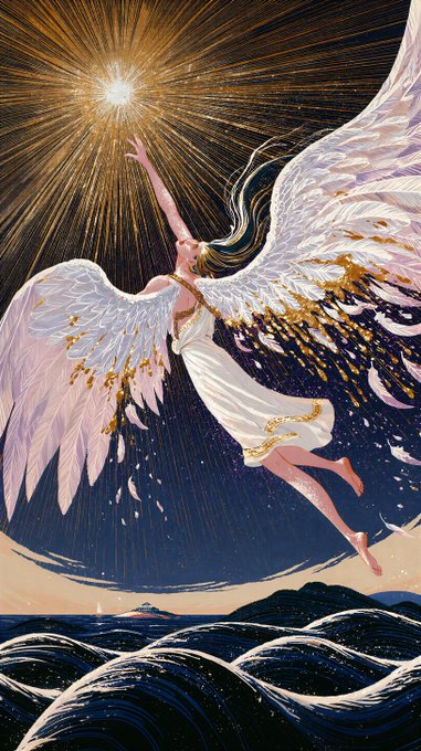 A digital painting of a winged angel in a flowing white dress flying upward toward a bright light, with golden feathers scattering above ocean waves.
